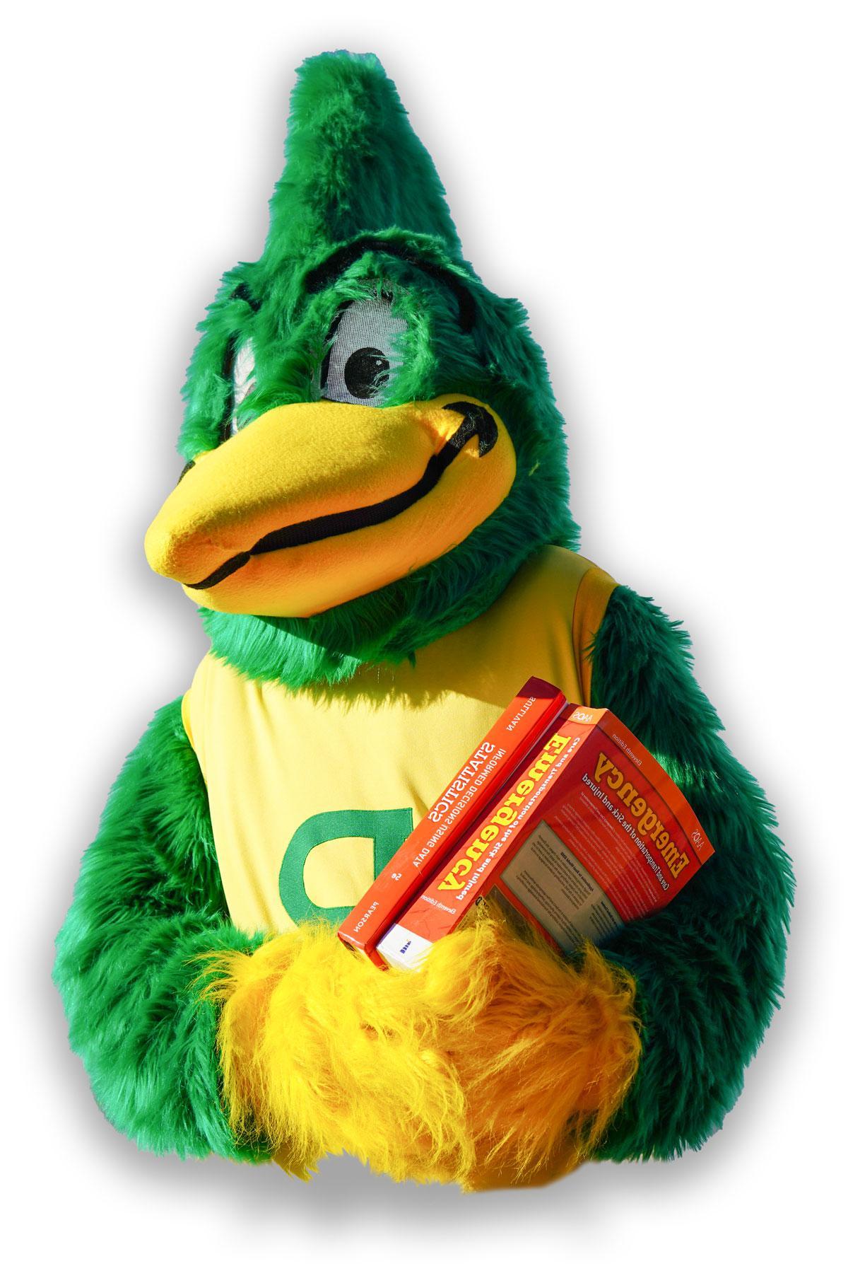 roadrunner mascot with books